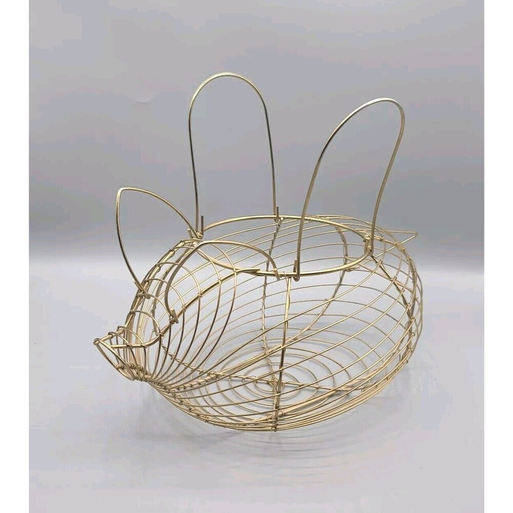 Vintage Pig Shaped Egg Basket Made of Gold Tone Metal Wire Farm House Decor